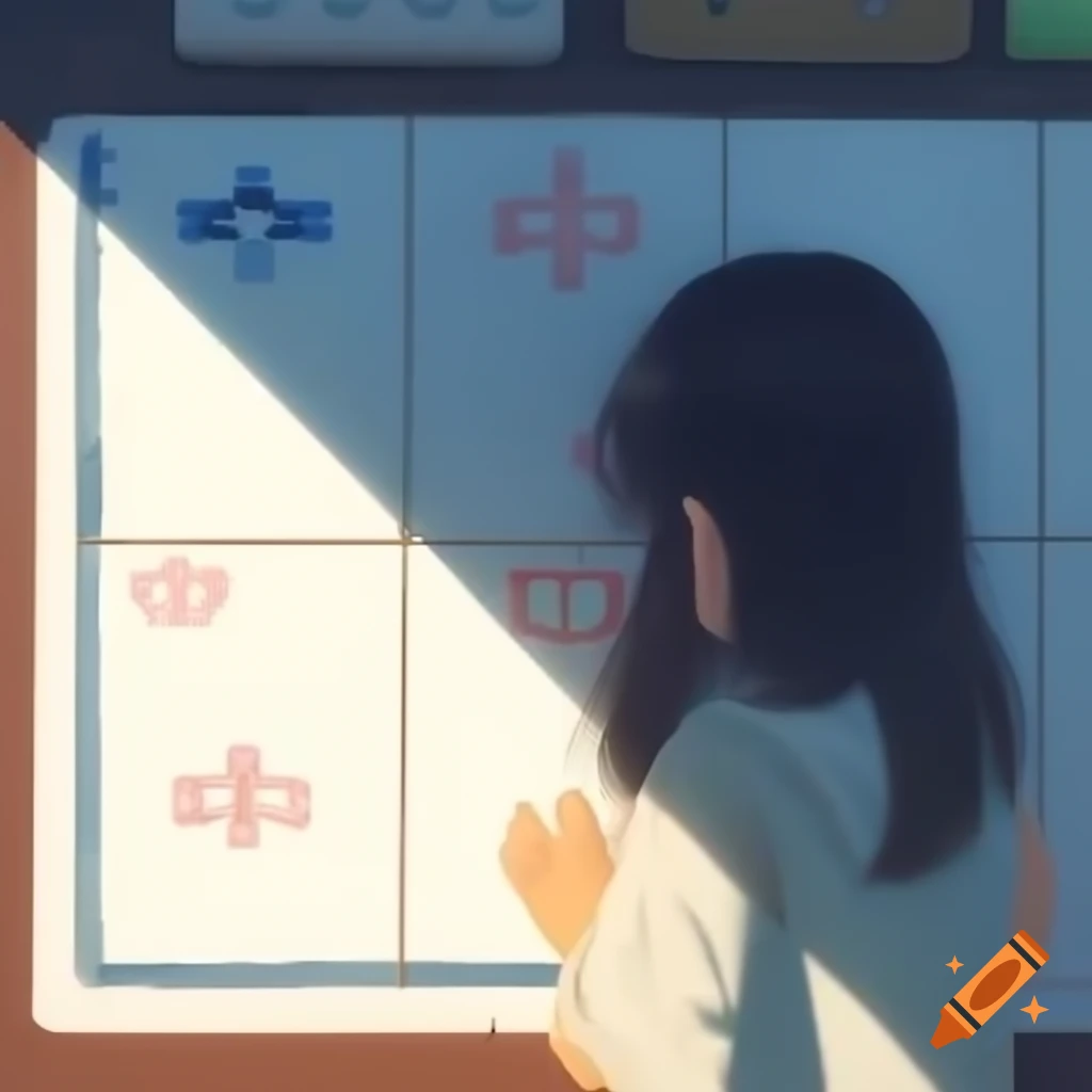 Anime girl from behind demonstrating how to place bunny tile on wall on ...