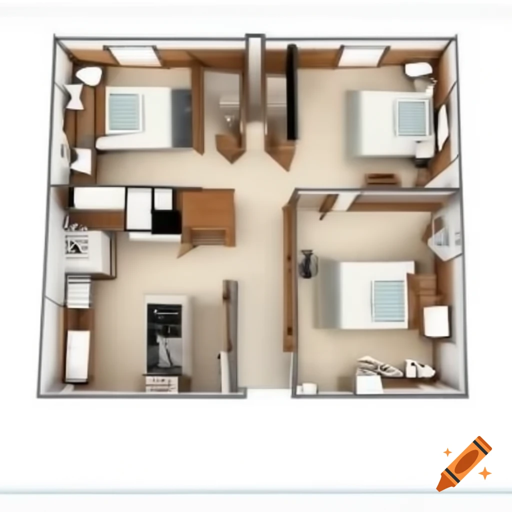 Blueprint of a one story house with eight bedrooms and four bathrooms