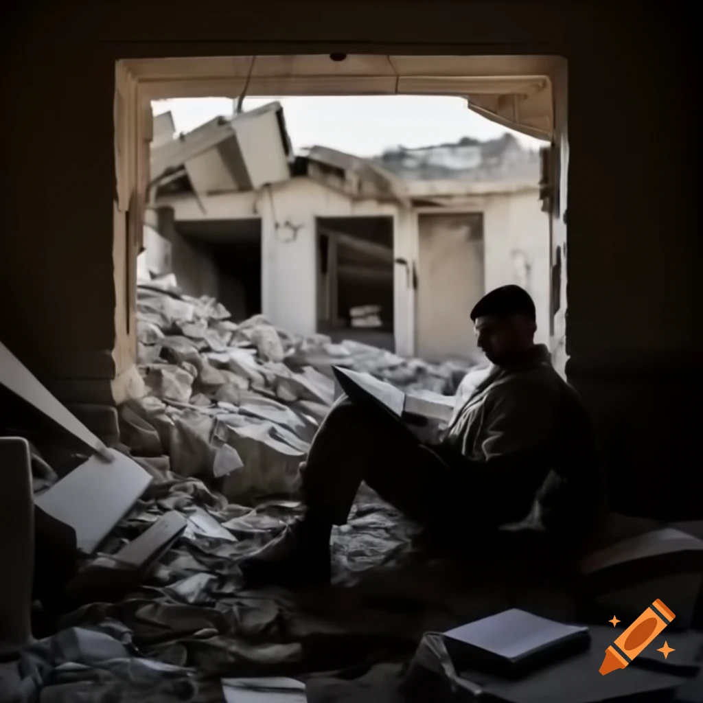 Soldier reading amidst rubble of a home in Gaza