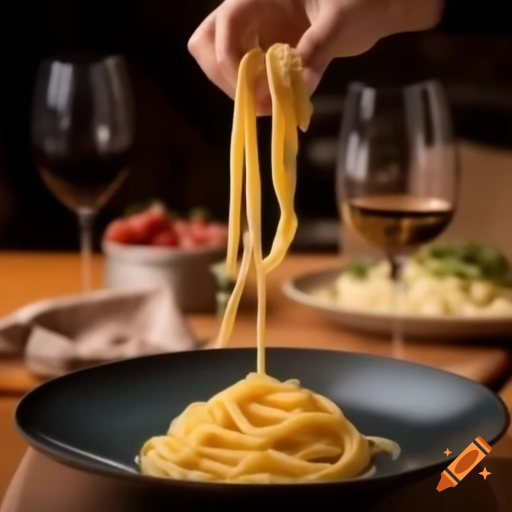 Cozy restaurant table with colorful pasta dishes and half-empty wine glasses, artistic '4' made of cutlery