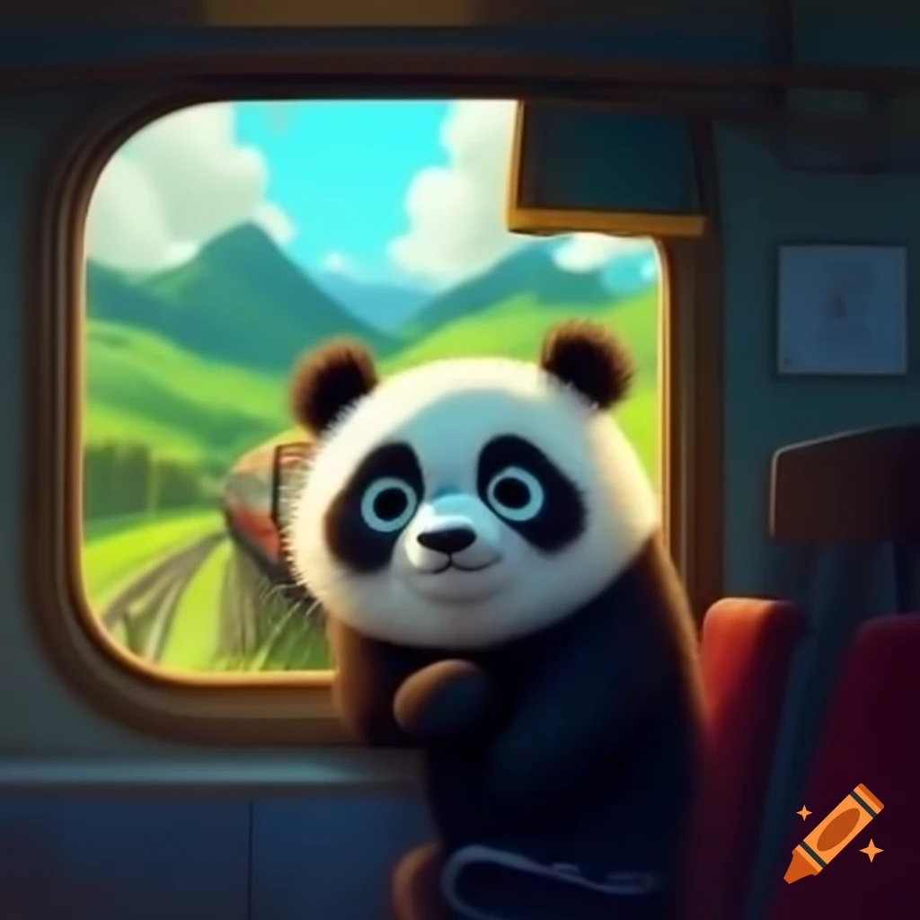 Cuddly panda on solo train adventure, gazing at passing landscape