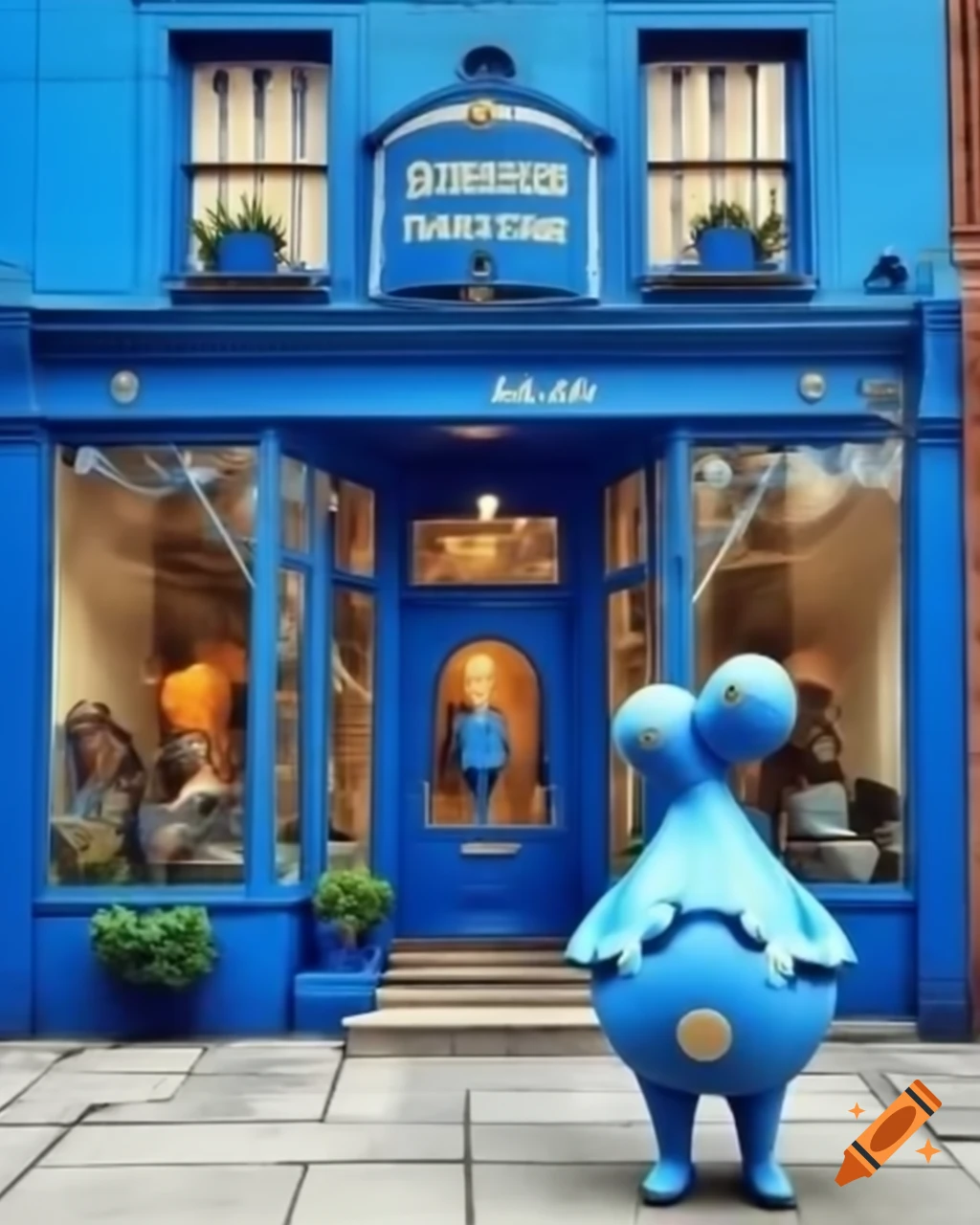Whimsical statue in front of charming blue storefront with Blueetoy logo