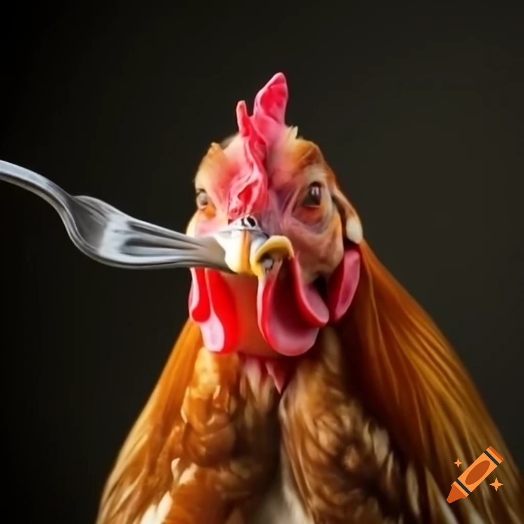 Hen holding fork in beak