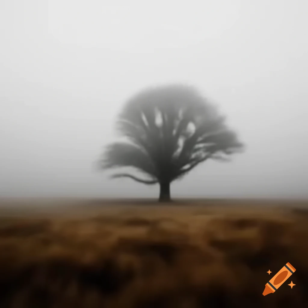 Solitary tree in a vast foggy field during winter