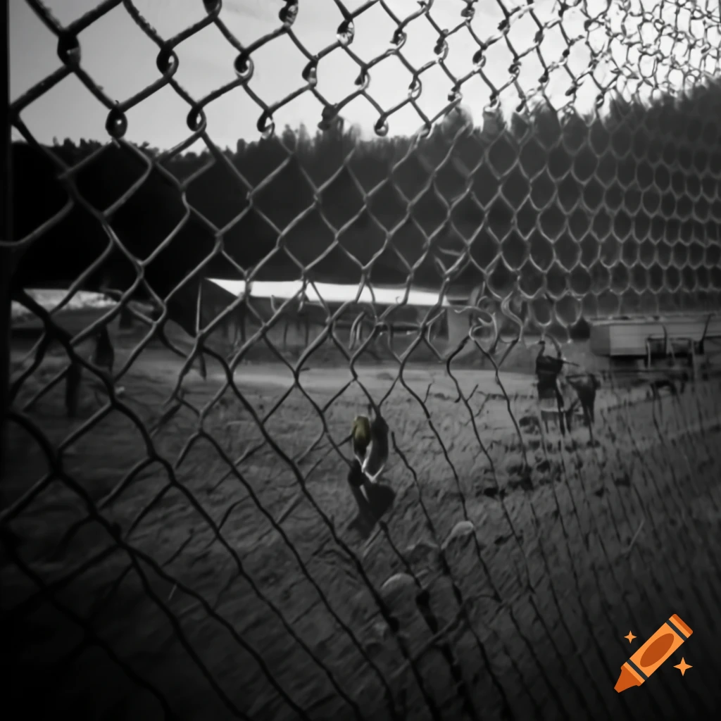 School surrounded by razor wire fence and cameras in desert-forest area ...