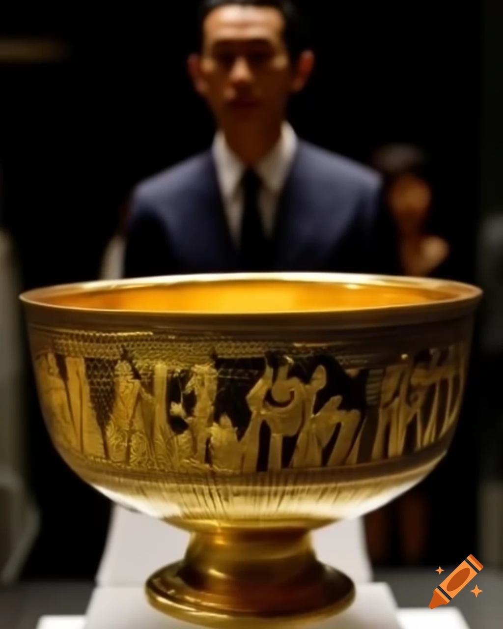 Golden bowl symbolizing ancient rituals with couple facing divorce