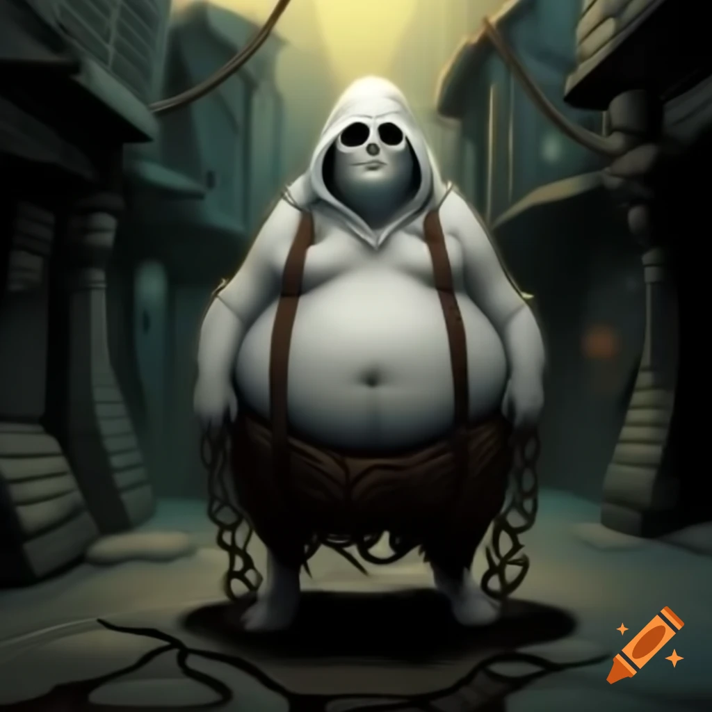 Stylized illustration of ghost with chains in ghost town street, medieval fantasy