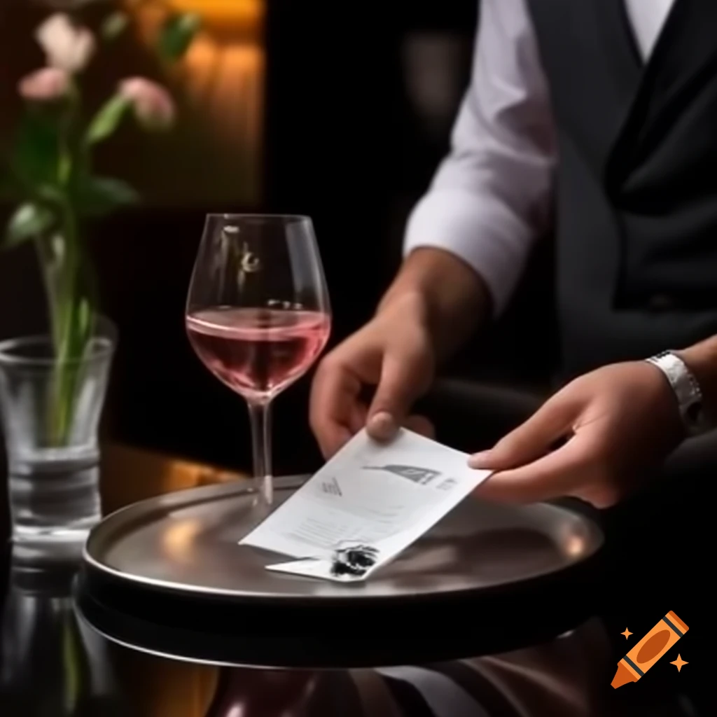 Waiter presenting bill with rose water display on a tray