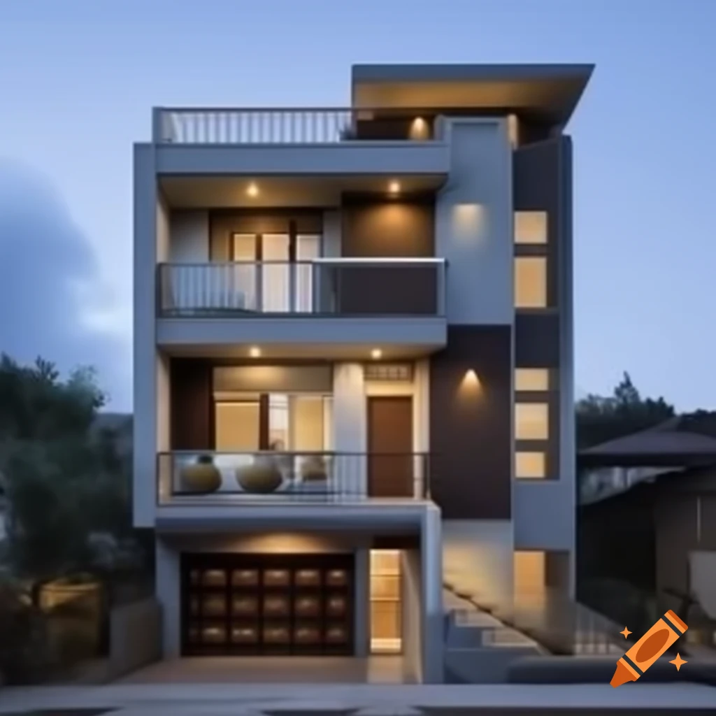 Two-story building with gray and brown hues, balcony, and pool