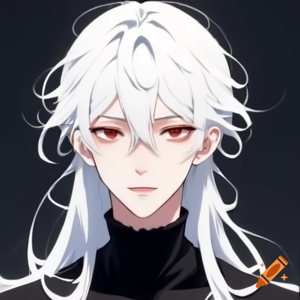 Anime character with long white hair, black eyes, red pupils, wearing glasses and a black turtleneck