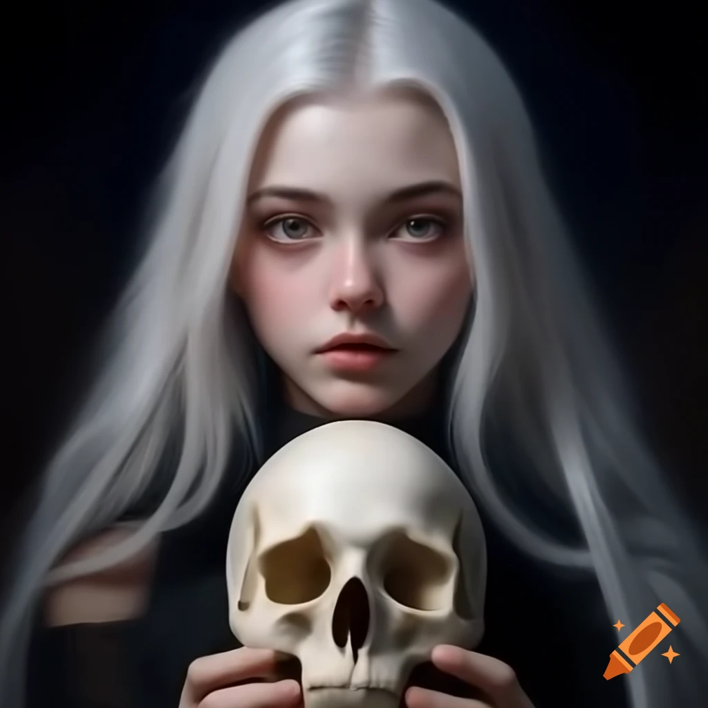Realistic young woman with white hair and eyes holding a skull on Craiyon
