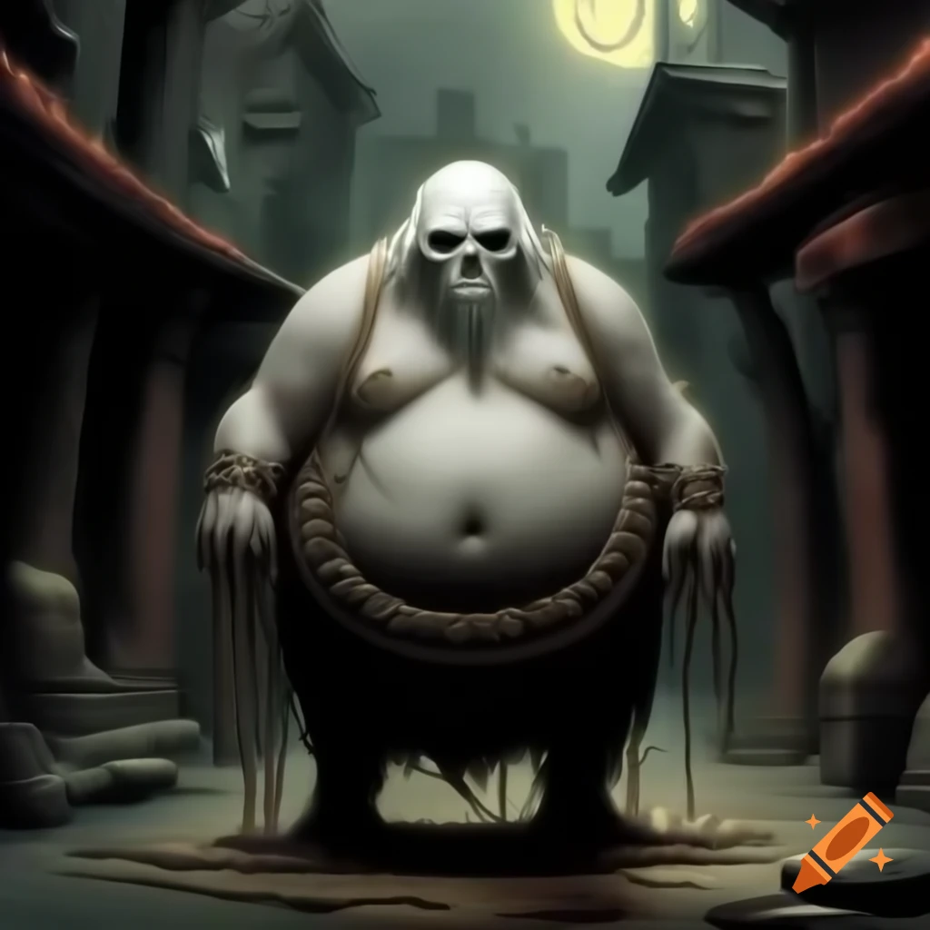 Stylized illustration of ghost with chains in ghost town street, medieval fantasy