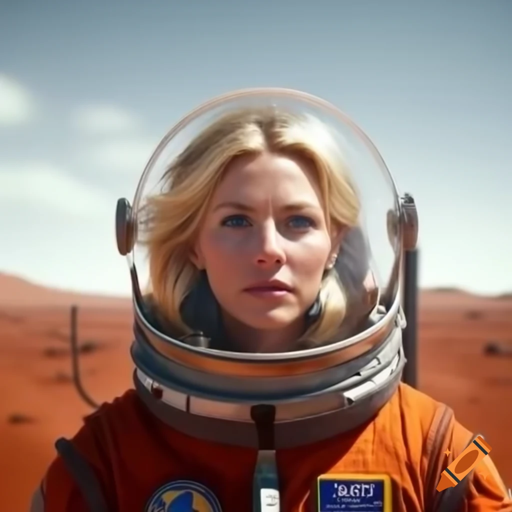 NASA astronaut in front of silver rocket on Martian plains