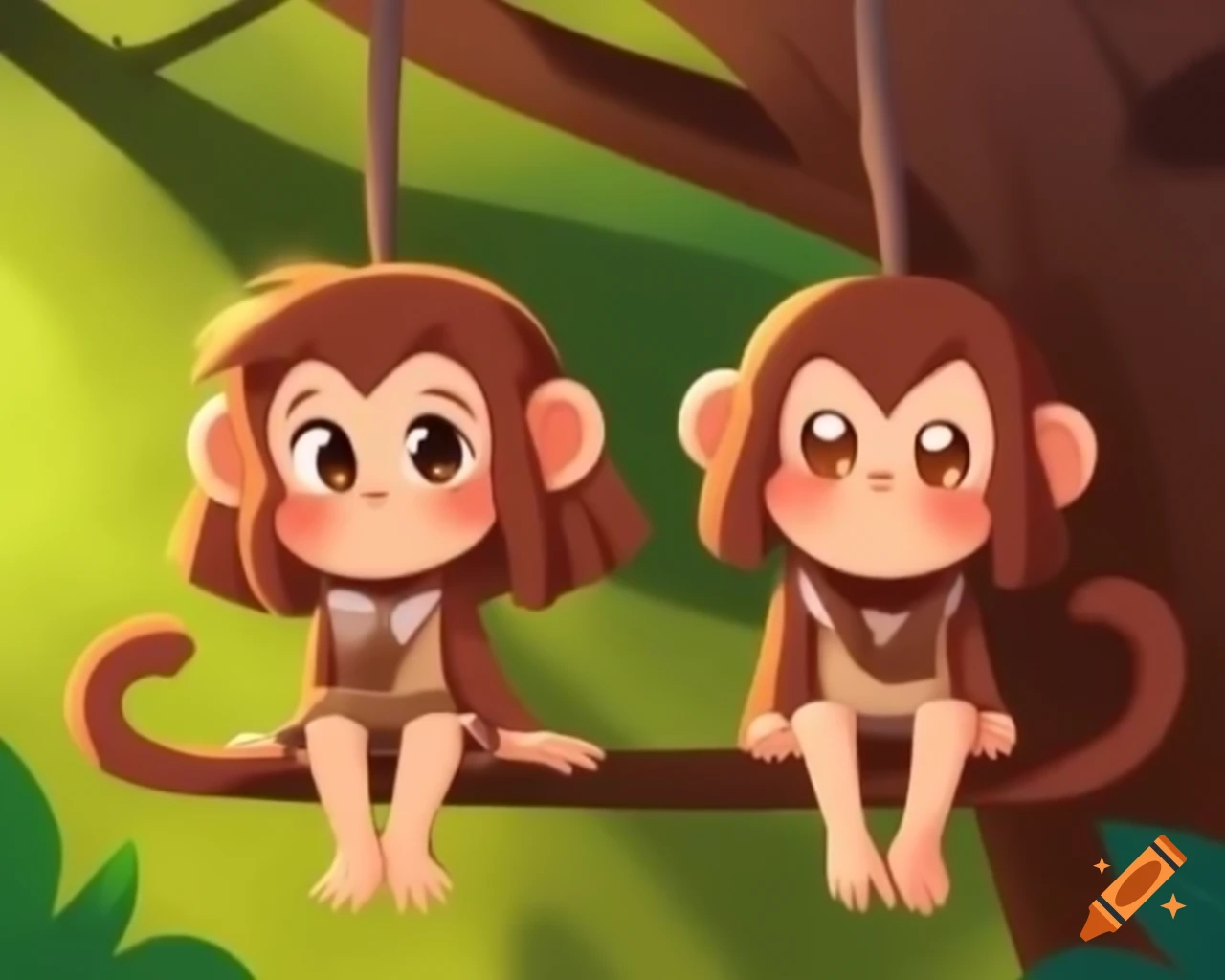 Anime anthro monkey girls with brown hair hanging from tree in a zoo