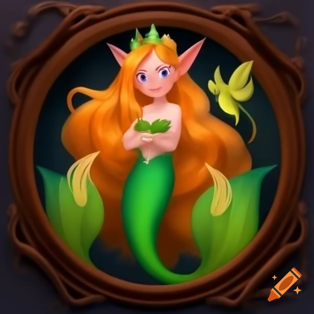 Pretty mermaid in green dress with gold details and pointy ears, with wavy blonde hair and an orange crown