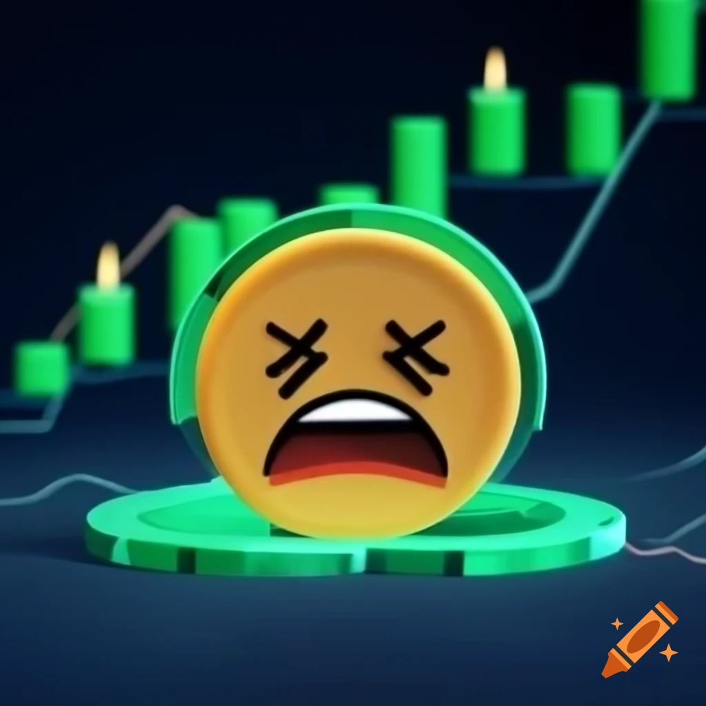 Crying face on dark green crypto coin with green candles in market chart  background on Craiyon