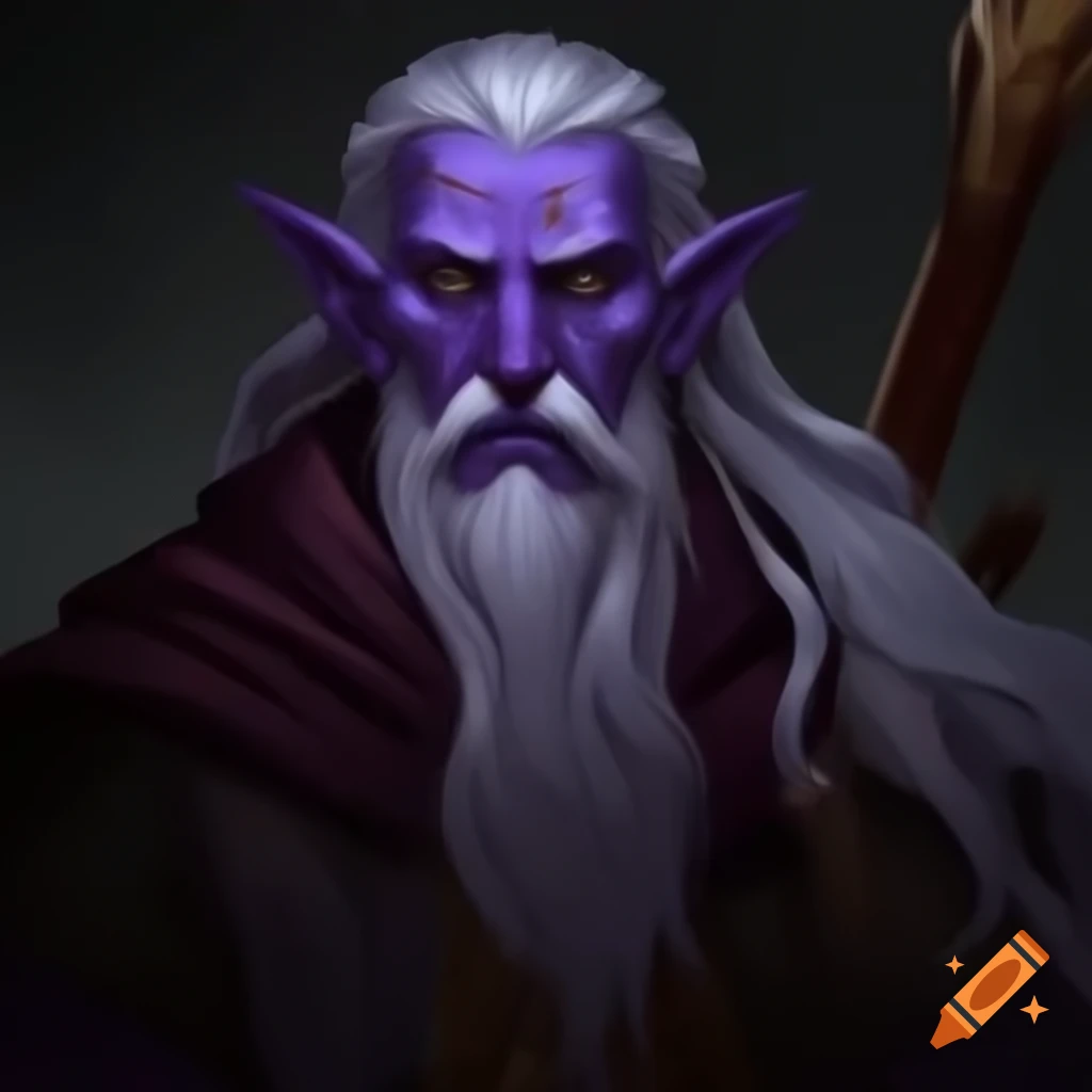 Dark elf cleric with white hair and staff in dark robes on Craiyon