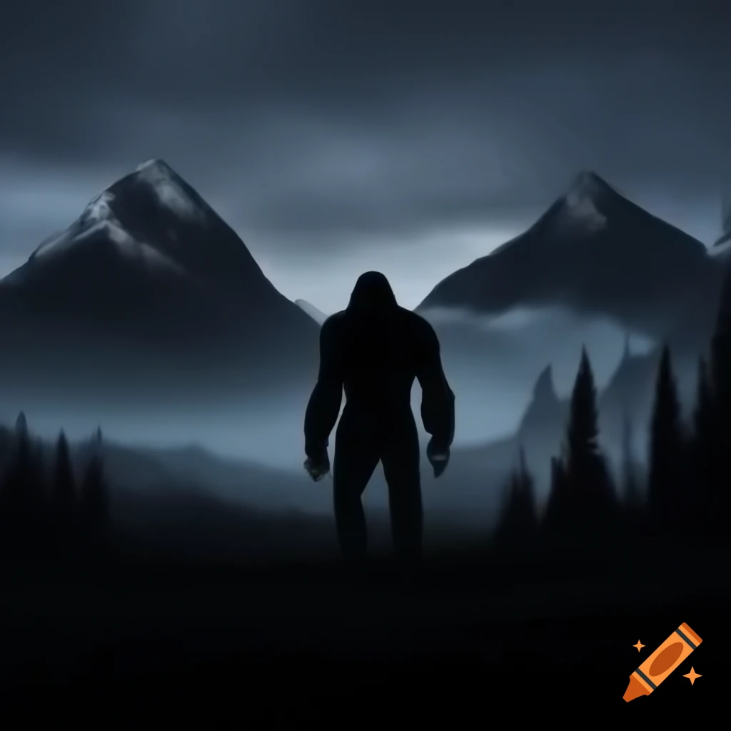Silhouette of Bigfoot in dark forest against twilight mountain sky
