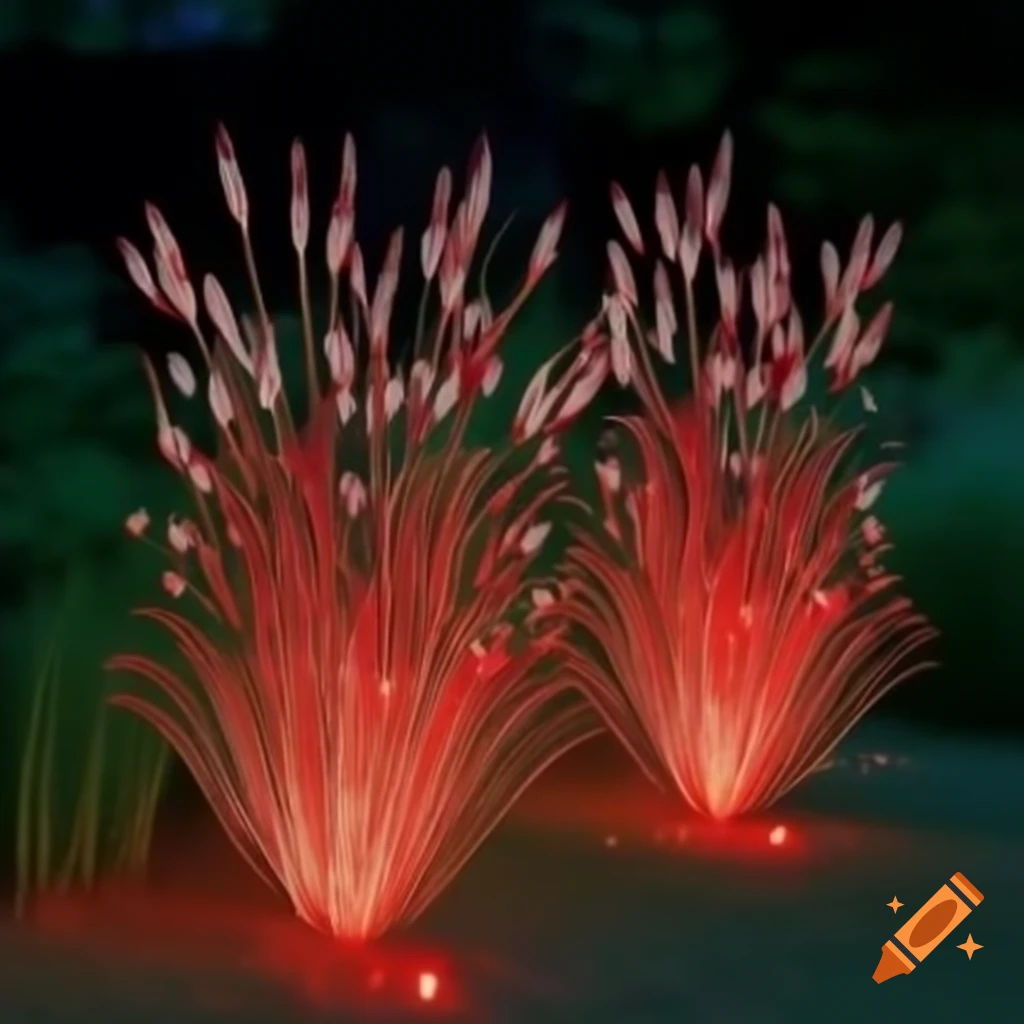 Meadow plants in garden illuminated by red and white lights