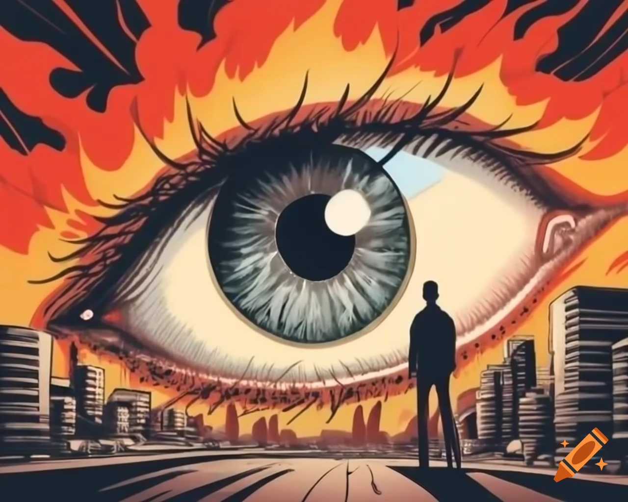 Gargantuan eye observing city engulfed in flames during apocalyptic scene