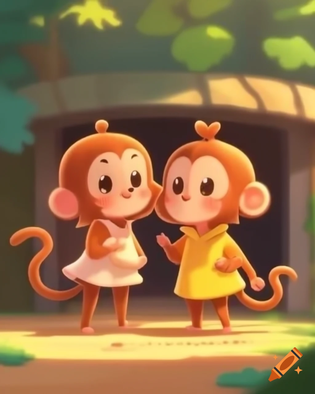 Two playful monkeys in anime outfits sharing a moment at the zoo