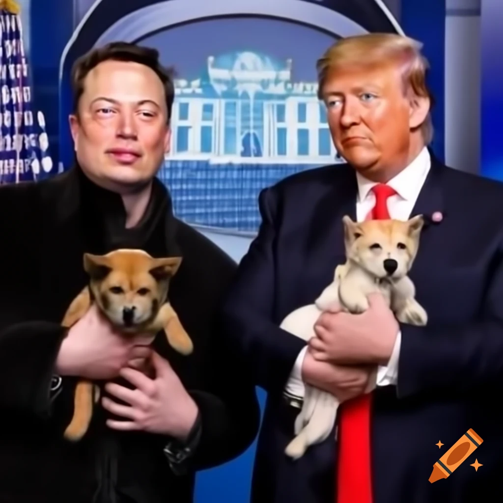 Elon Musk and Donald Trump holding dog with Doge Coin campaign message on  Craiyon