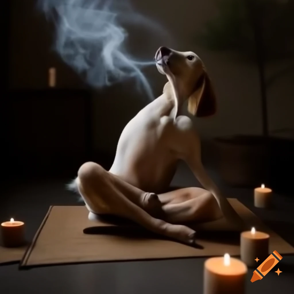 Dog in meditation pose with closed eyes, in a serene Zen-like room