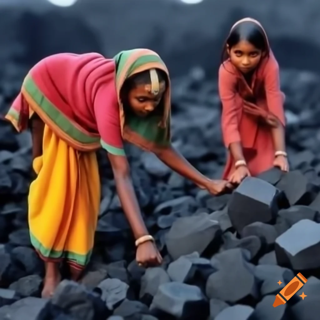 Indian girls collecting coal from mines