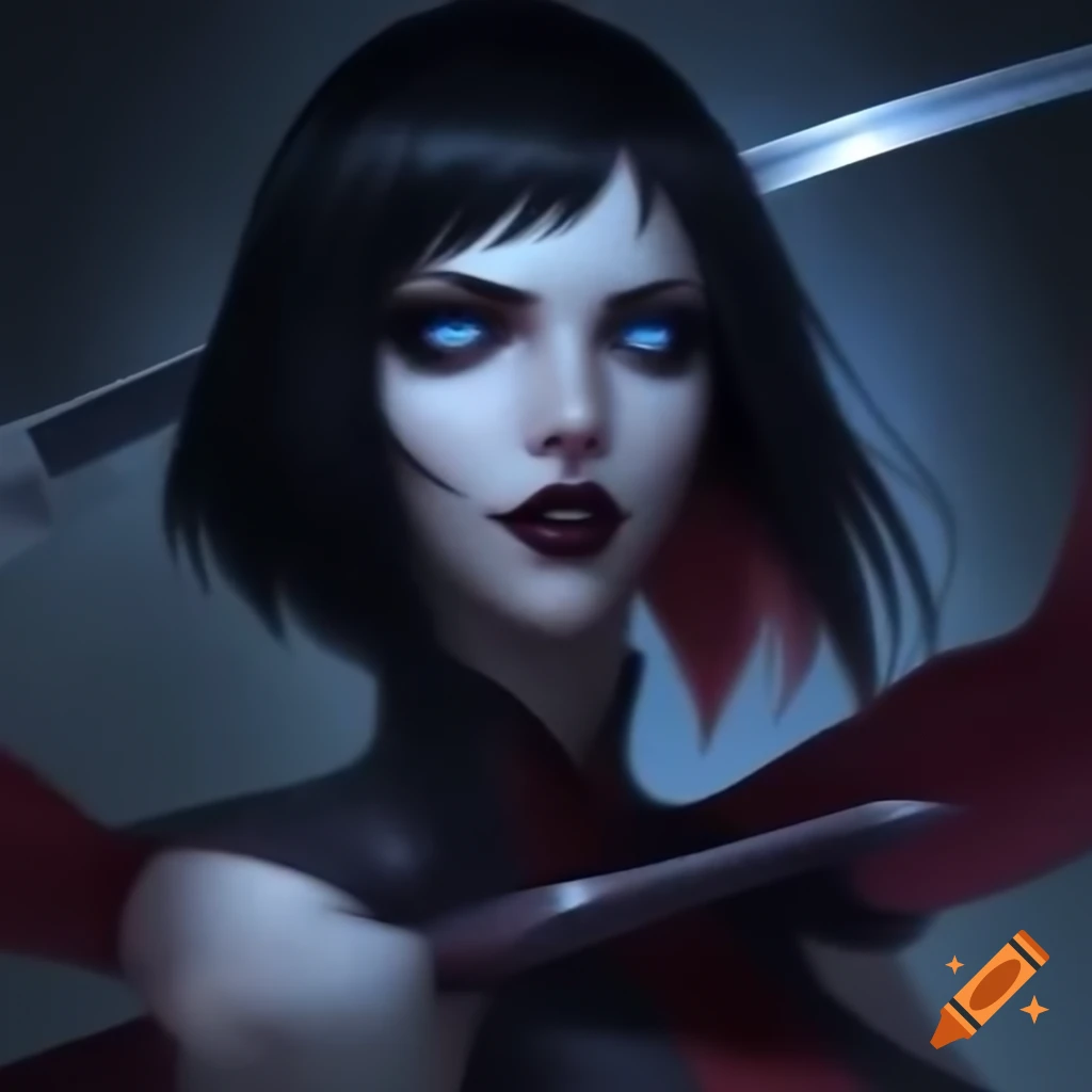 Fierce vampire woman with black bobbed hair and blue eyes wielding a steel sword