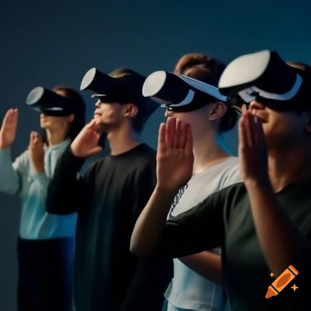 Group of people experiencing virtual reality with headsets