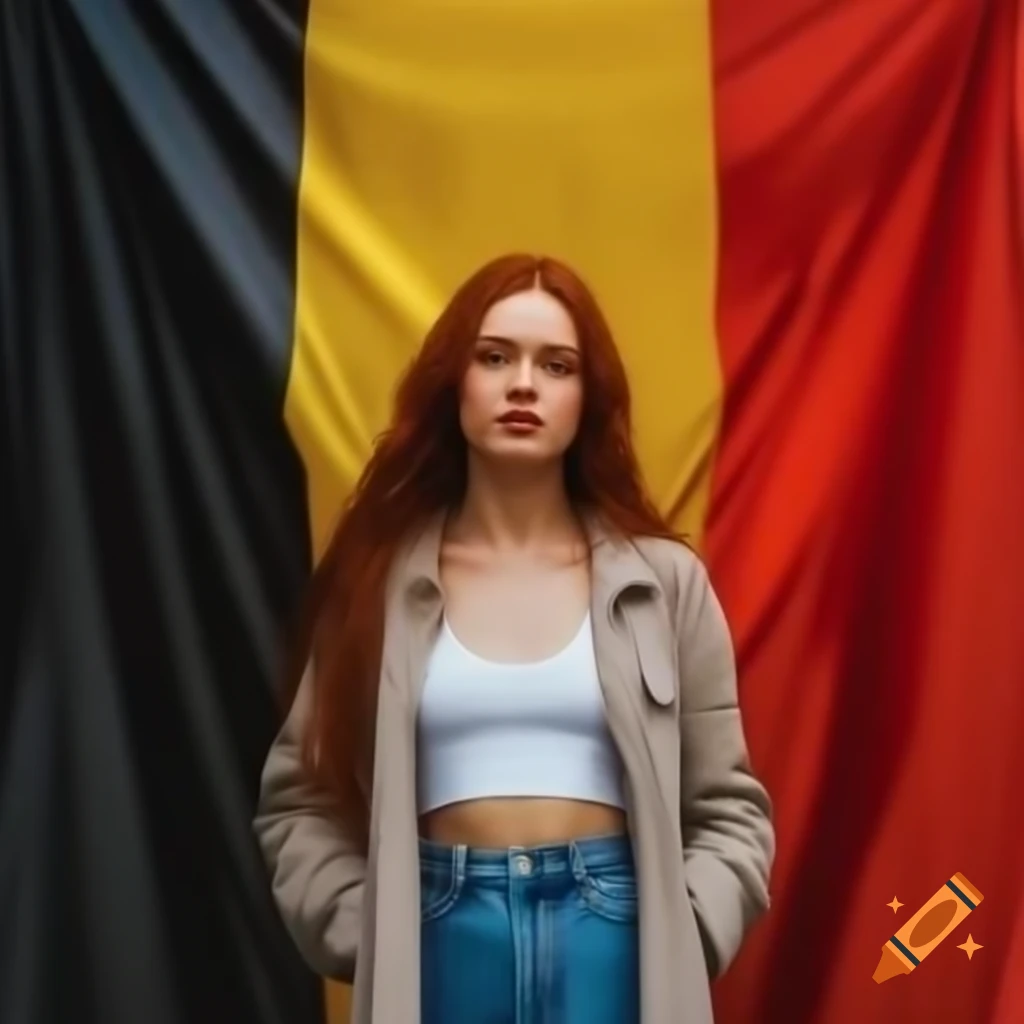 Belgian girl with long dark red hair standing in front of Belgian flag