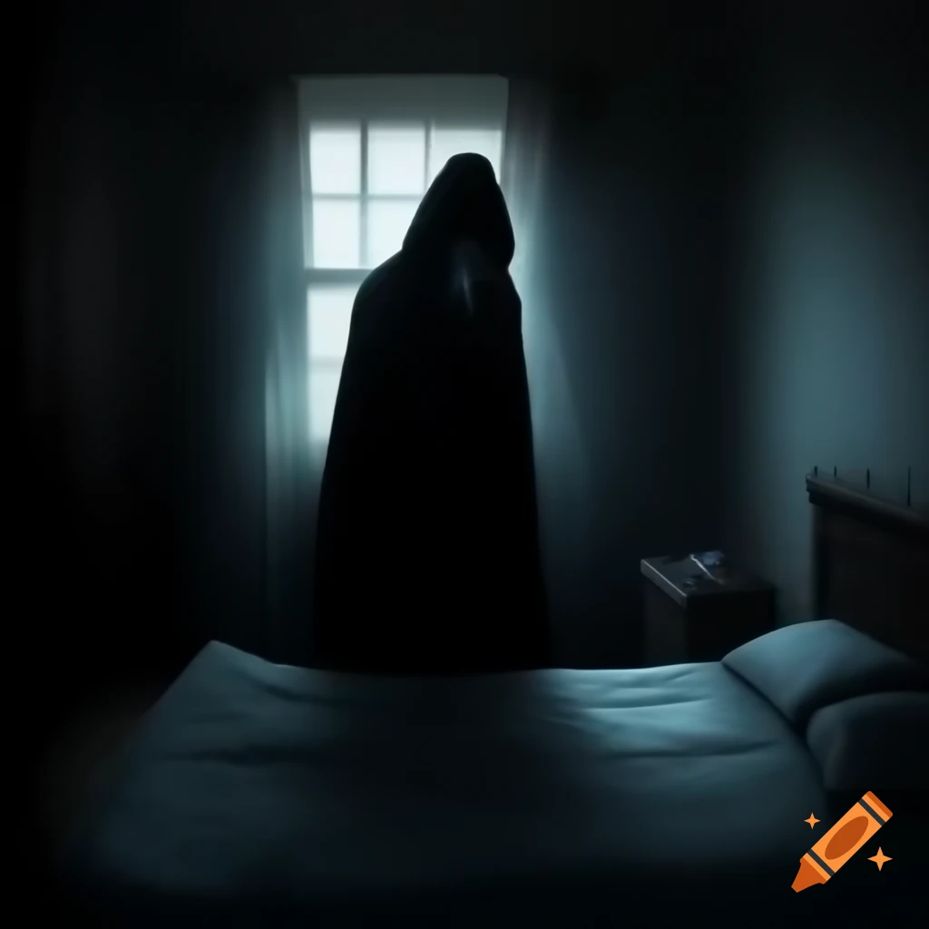 Shadowy figure standing at foot of bed in dimly lit room