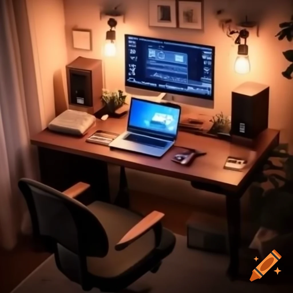 Studio Computer Desktop Simple home music studio desk featuring laptop, keyboard, and studio ...