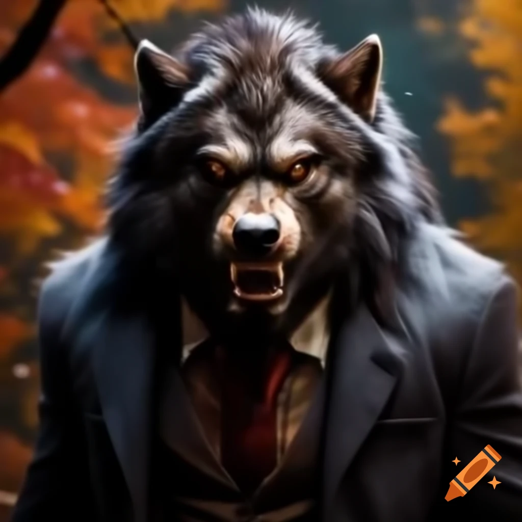 Majestic werewolf with autumn-colored fur in browns and reds