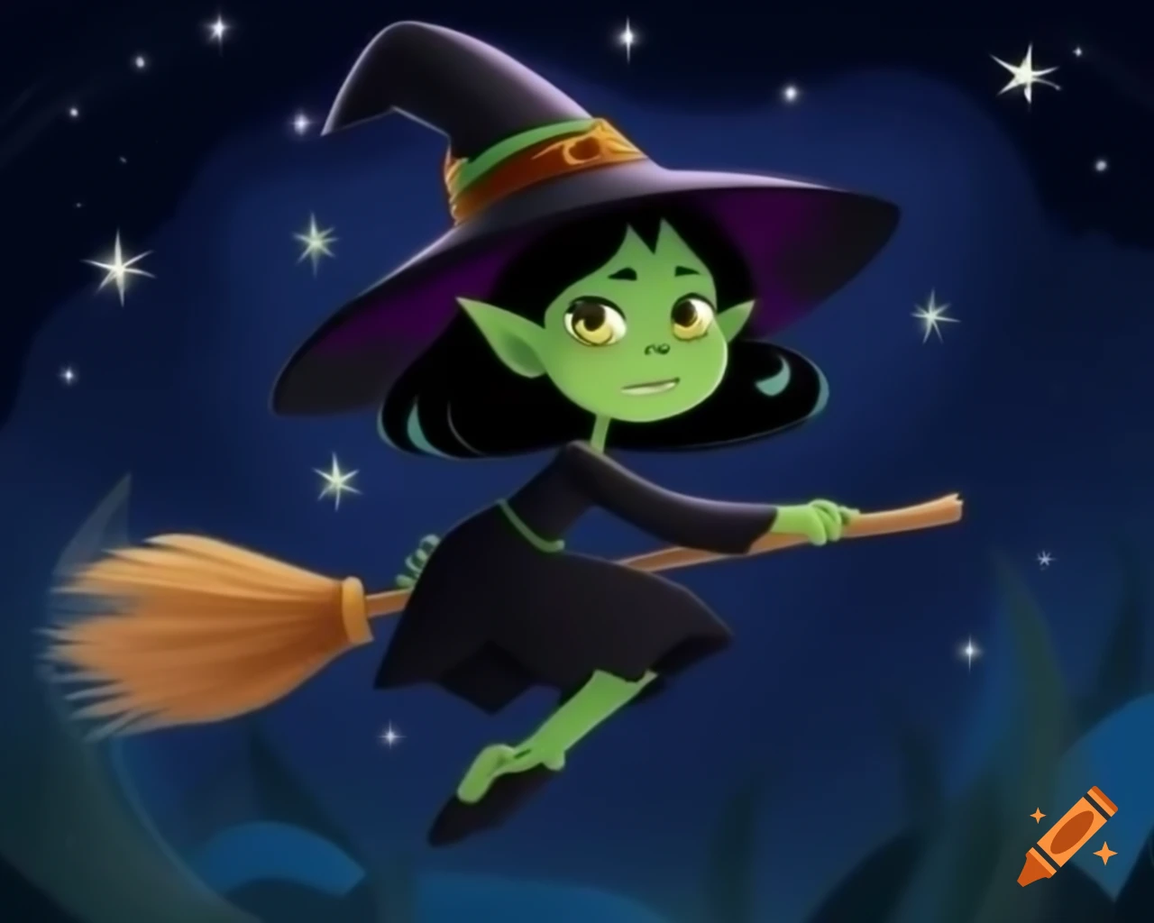 Green-skinned witch flying on broom through starry night sky