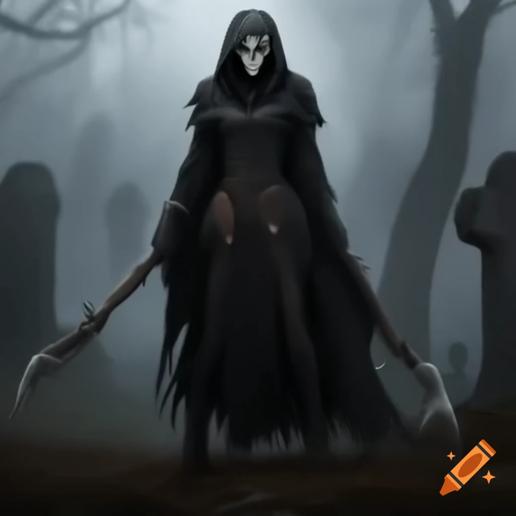 Female grim reaper in foggy graveyard on a hill wearing black cloak and gloves
