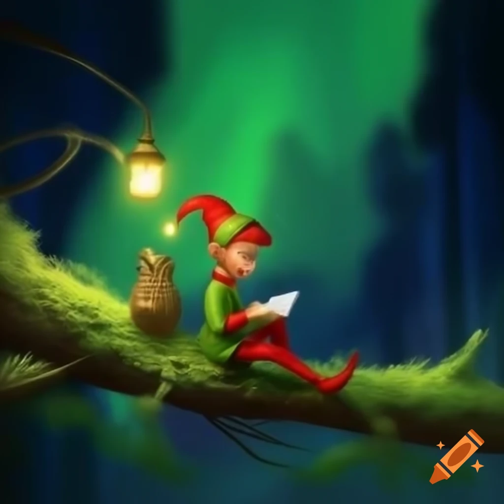 Elf on shelf writing James in the sky with northern lights in forest