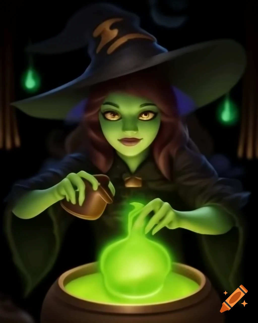 Green-skinned witch brewing potion in magic cauldron