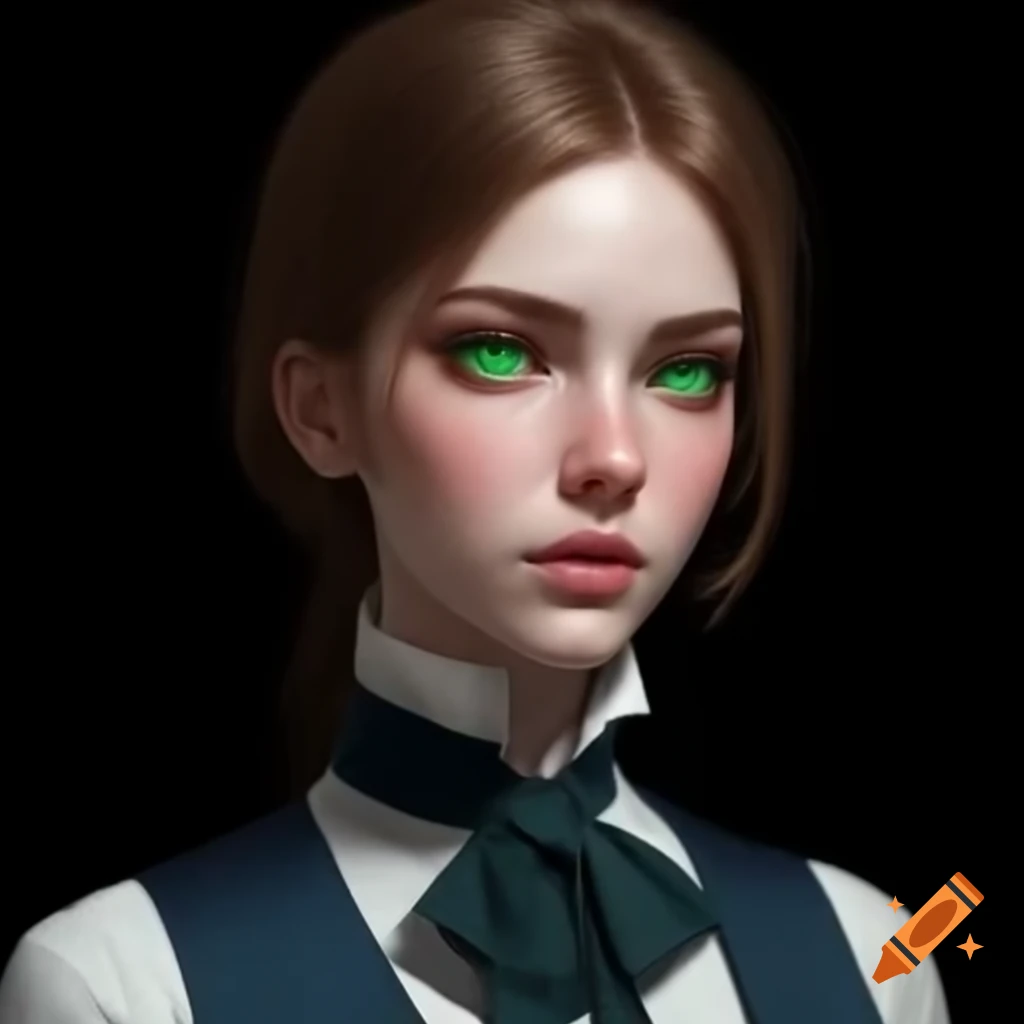 Elegant woman with brown hair and green eyes in dark blue gilet and bow tie