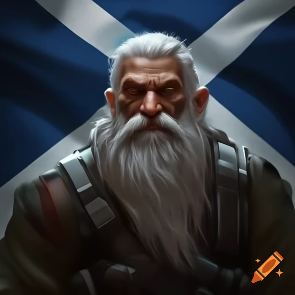 Male dwarf with white hair and Scotland flag in cyberpunk style