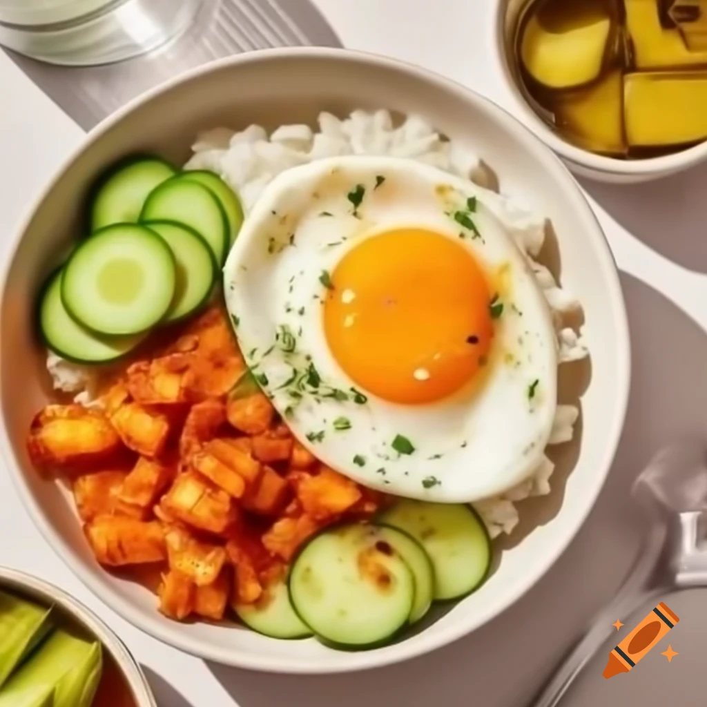 Bowl of cooked rice with buttermilk chicken, sunny side egg, cucumber, and pickles