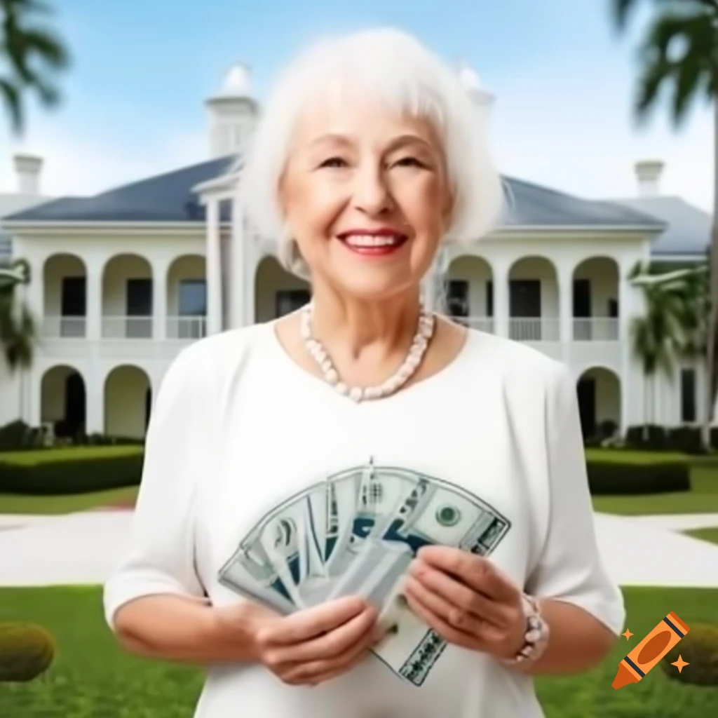 Older white woman with short white hair smiling holding cash in front of Florida mansion