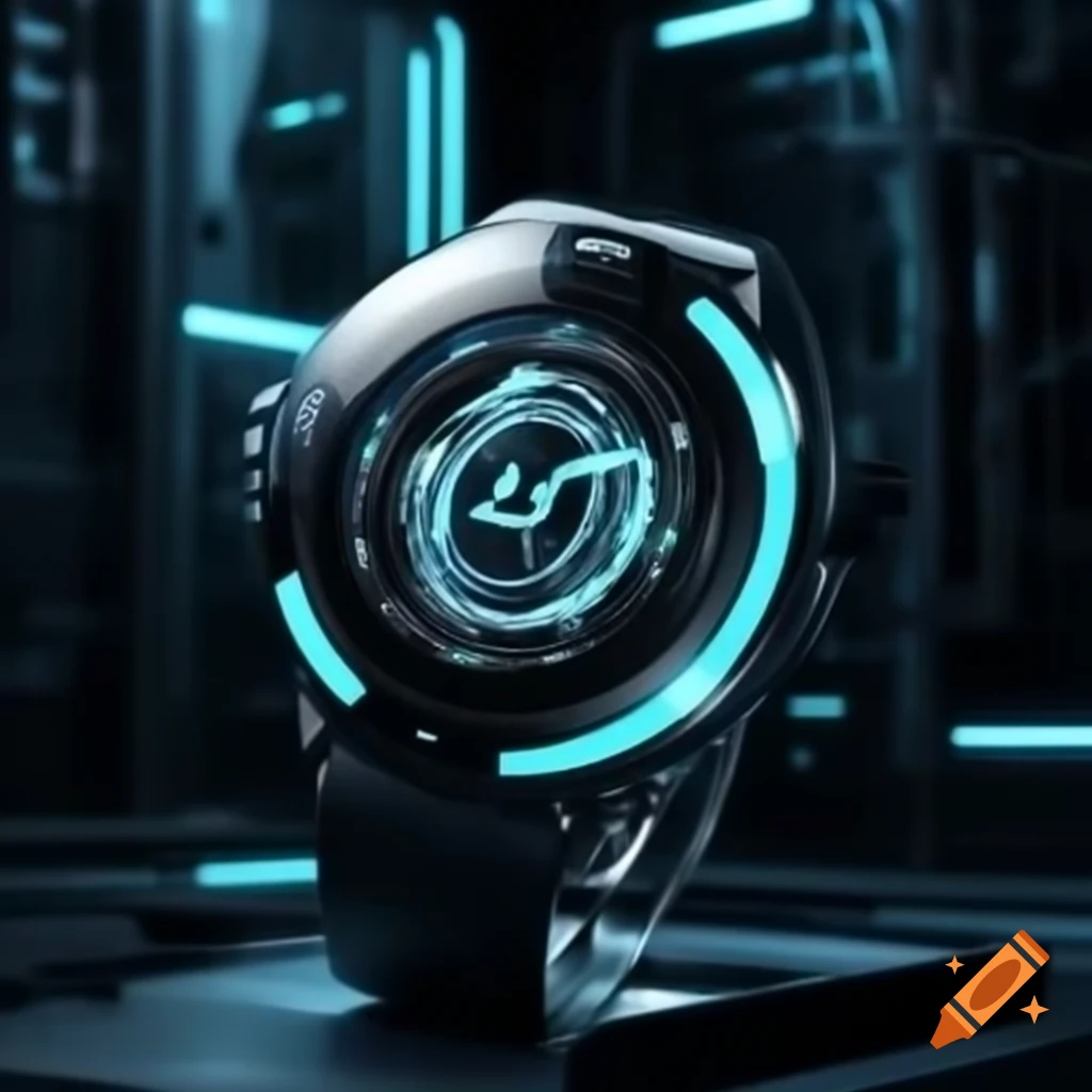 Futuristic smartwatch with transparent display and holographic projections