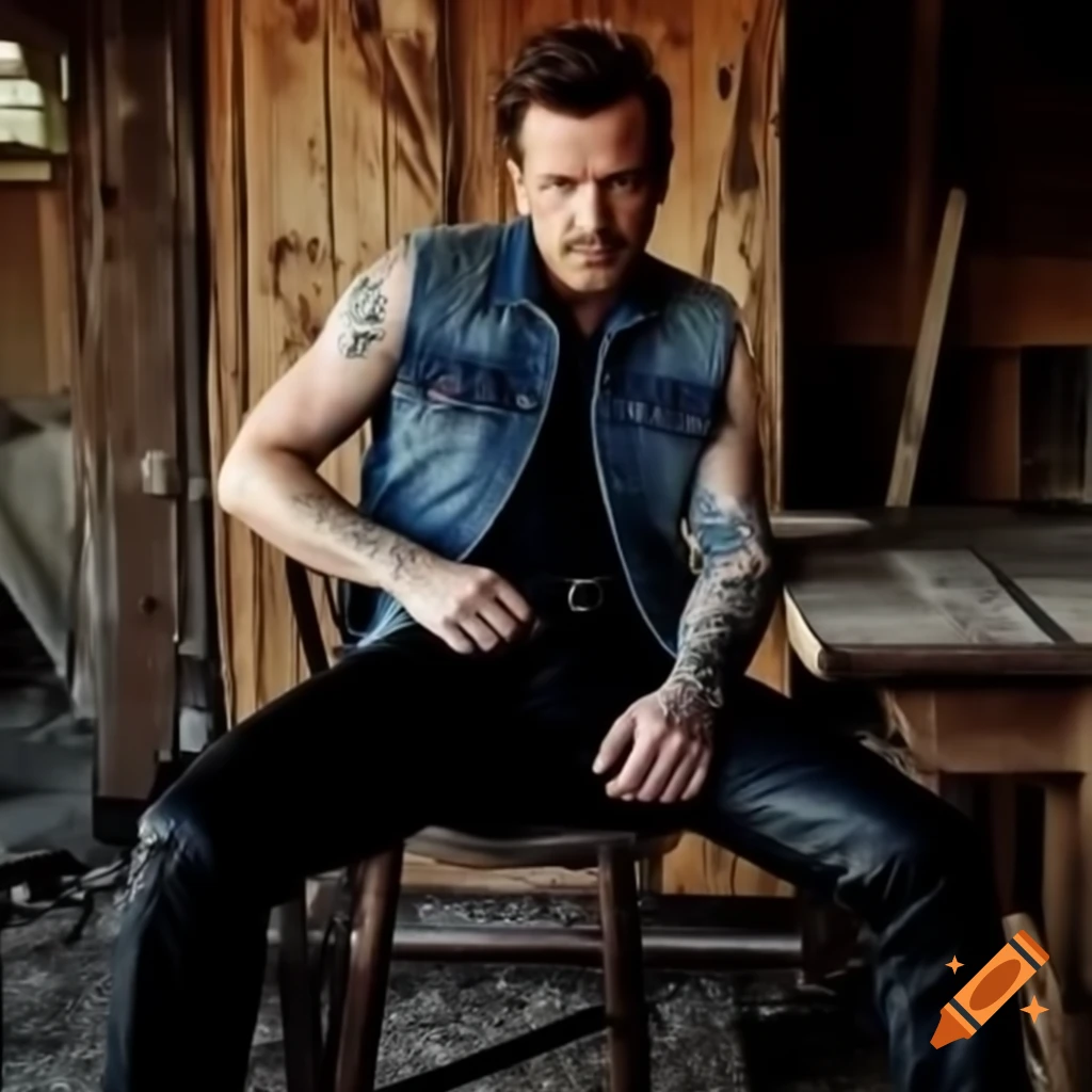 Portrait of punk styled person resembling Ewan McGregor in denim jacket and  leather trousers on Craiyon, image size:1024x1024