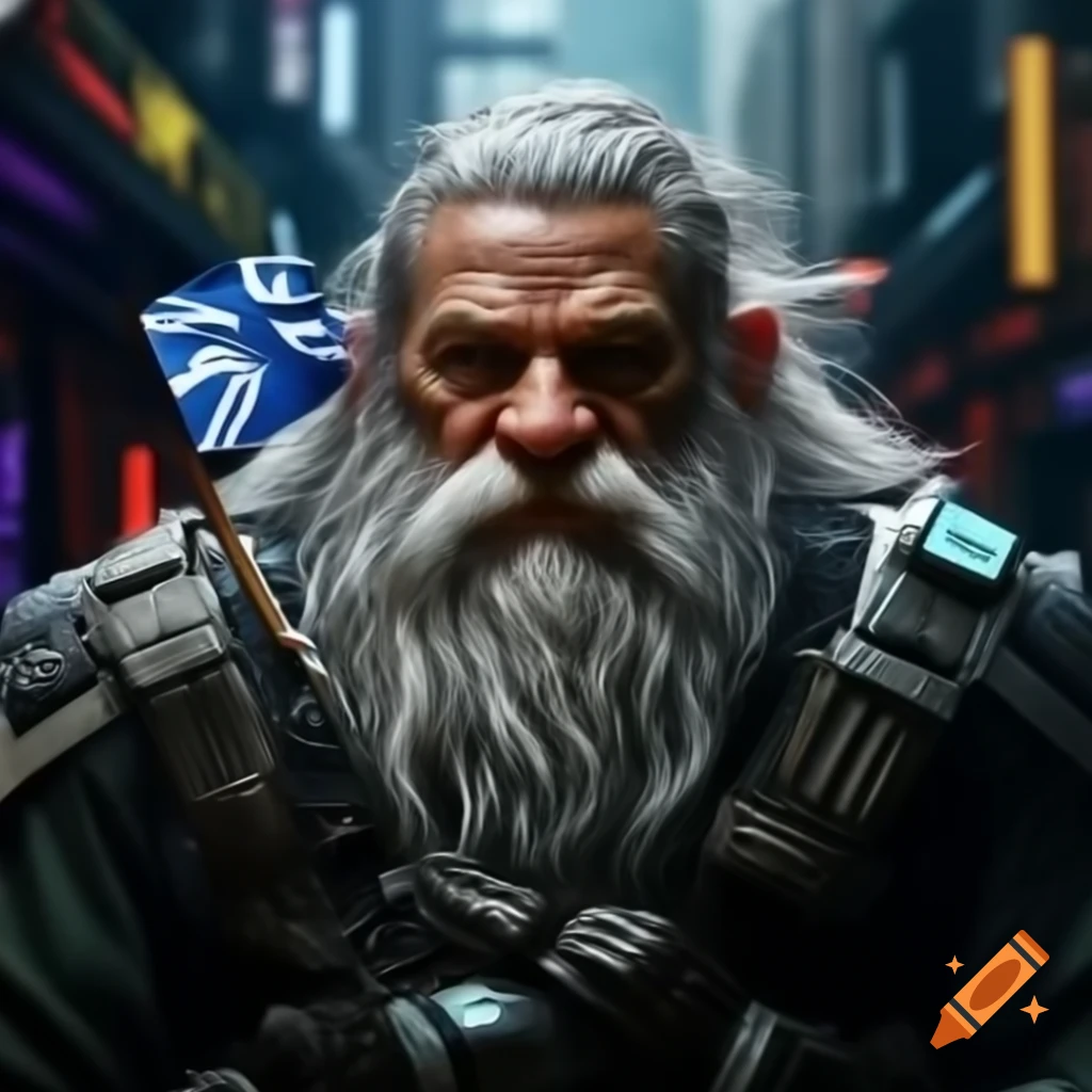 Male dwarf with white hair and Scotland flag in cyberpunk style