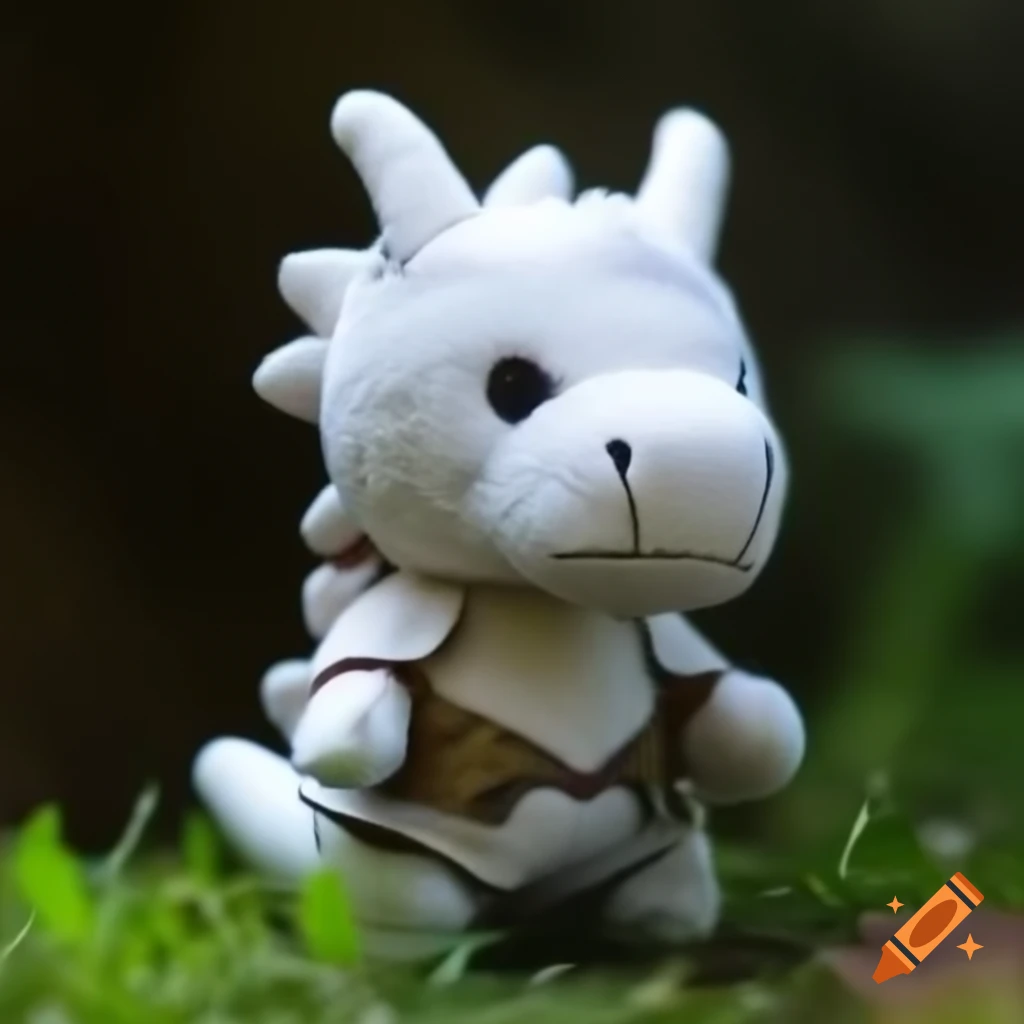 White dragon plushie in armor viewed from side