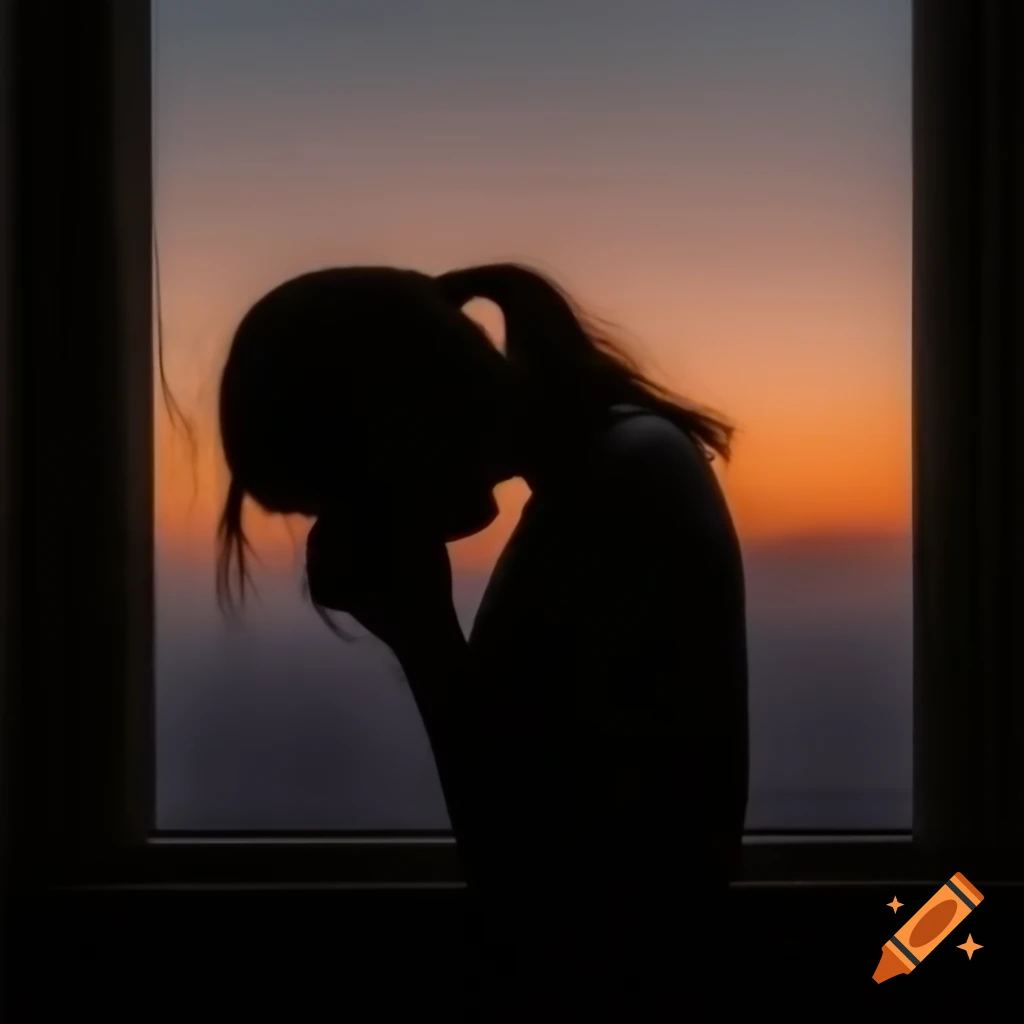 Person in deep thought by window at sunset, illuminated face