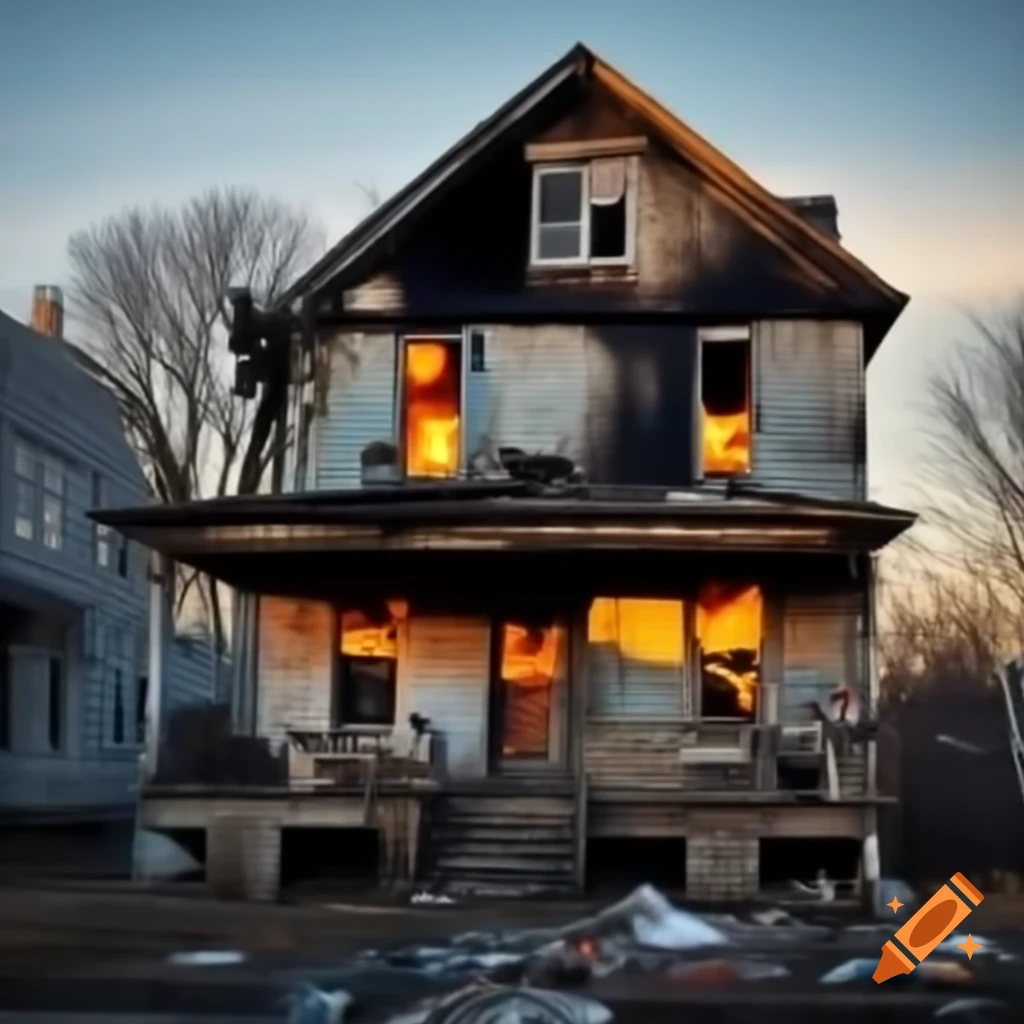 Burning house in neighborhood, depicting fire and chaos