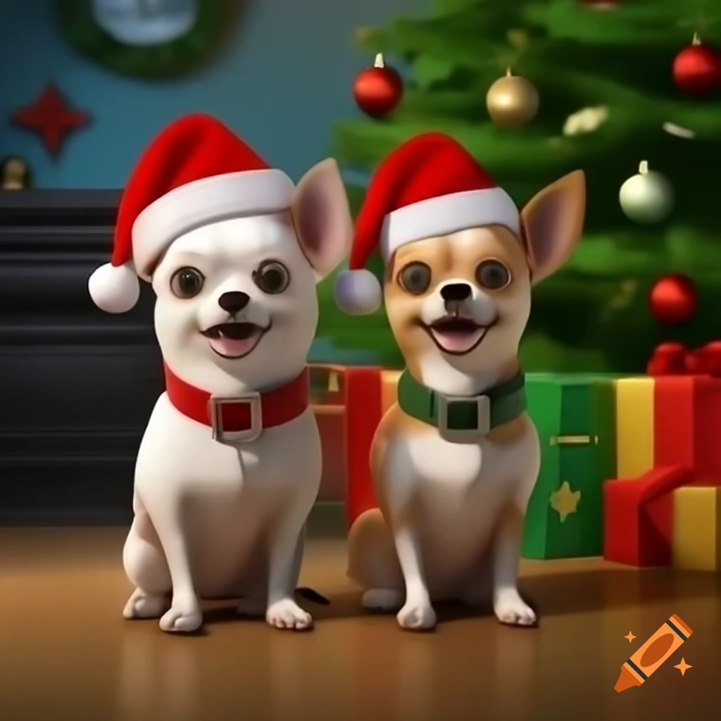 Two chihuahuas in Santa hats sitting in front of Christmas tree ...