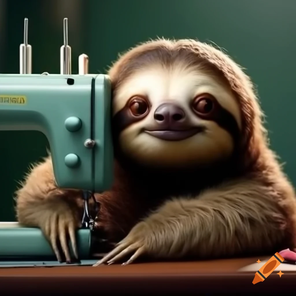 Female sloth with glasses sewing on a sewing machine